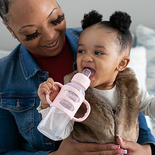 Dr. Brown's Milestones Narrow Sippy Spout Bottle with 100% Silicone, Easy-Grip Handles and Soft Sippy Spout, 8oz/250mL, Light Pink and Ecru, 2-Pack, 6m+
