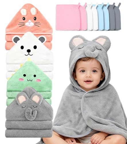 Spearlcable 12 PCS Baby Bath Towels for Infants Toddlers, 4 PCS Animal Hooded Baby Towels + 8 PCS Washcloths Set, Ultra Absorbent Cute Soft Baby Towels for Newborn Bath Essentials Gifts for Boys Girls