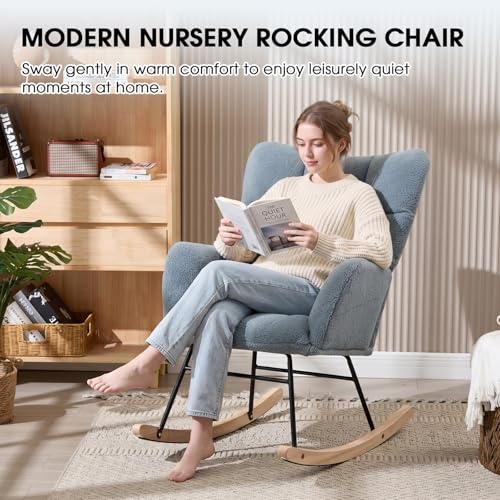 Sudwesto Nursery Rocking Chair, Teddy Upholstered Glider Chair with High Backrest, Tufted Rocker Glider Chair with Thick Cushion, Cozy Rocking Armchair, Rocker Padded Seat for Bedroom(Blue)