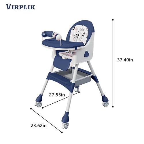Foldable 4-in-1 Baby High Chair for Babies & Toddlers, High Chair with Detachable PU Cushion, Removable Tray, Adjustable Height, Locking Wheels,Blue