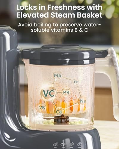 Grownsy Baby Food Maker with Steam Basket, One Step Baby Food Processor Steamer Puree Blender Grinder Mills Machine, Auto Cooking Grinding and Sterili-zing for Healthy Homemade Baby Food, Dark Grey