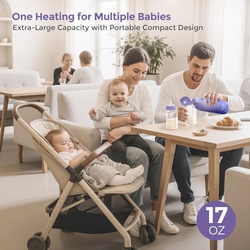 Momcozy Portable Bottle Warmer for Travel – Dual Heating Modes for Breast Milk & Water, Portable Milk Warmer with Fast Heating & Long Battery Life, 17 Ounces Large Capacity, Purple