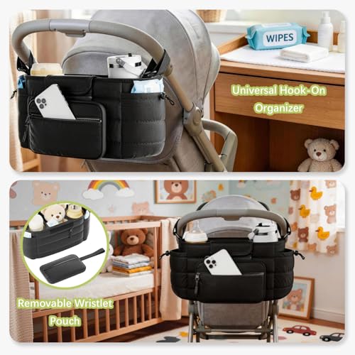 Seeseven Stroller Caddy with Cup Holder & Detachable Phone Bag, Black