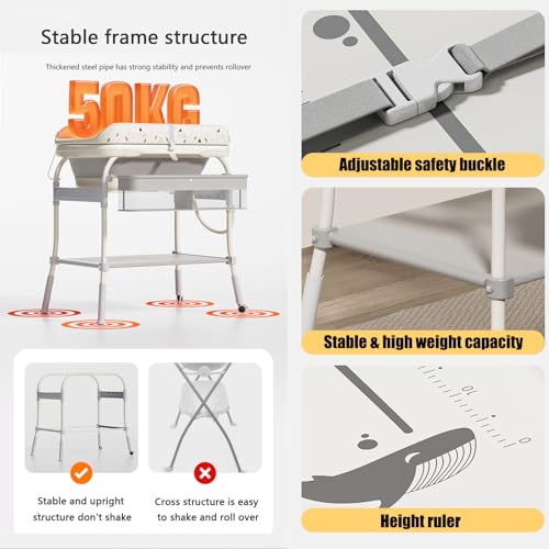 PandaEar 2-in-1 Baby Bathtub & Changing Table, Adjustable Height Folding Diaper Station Waterproof Pad with Storage Rack & Wheels, Baby Bath Tub with Thermometer