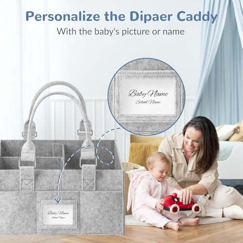 PaoveFor Diaper Caddy Organizer, Newborn Essetials Must Haves, Baby Registry Search and Other Baby Stuff, Collapsible Baby Basket with Handle and a Photo Frame, Grey, 11.8 x 6.3 x 9.0 inch