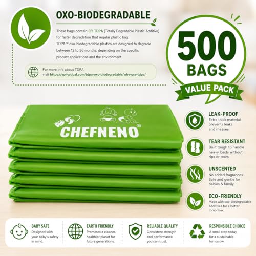 Baby Diaper Bag Disposable Biodegradable Unscented Easy Tie Handles (500 Bags) Made w/EPI Additive Bulk Diaper Sacks Dog Poop Waste Bags Cat Litter Clump & Poop Bags Sanitary Pad Waste Bags (500 ct.)