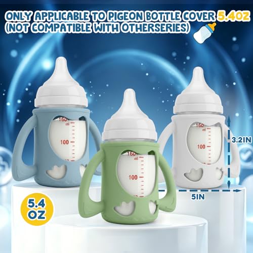 Mamalovey 3 Pack Silicone Baby Bottle Handles & Holders for Pigeon Bottles 5.4oz, Food Grade Anti-Breakage Silicone Sleeve for Glass Bottle - Great Upgrade for Your Baby Bottle Sets (White+Green+Blue)