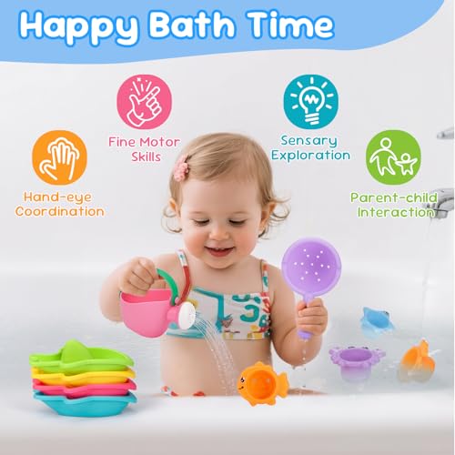Fajiabao Baby Bath Toys for Kids Ages 1-3 Toddler Bath Toys Mold Free for 2-4 Bathtub Sand Beach Pool Water Toys for 1+ Year Old Girl Gifts 9 PCS (Color Random)