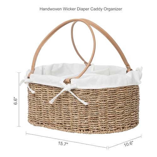 QINGTUHOME Handwoven Wicker Diaper Caddy Organizer, Multi - functional Baby Diaper Bag for Nursery & Home Storage, Detachable Lining, PU Handles, Baby Registry Must Haves (Seagrass)