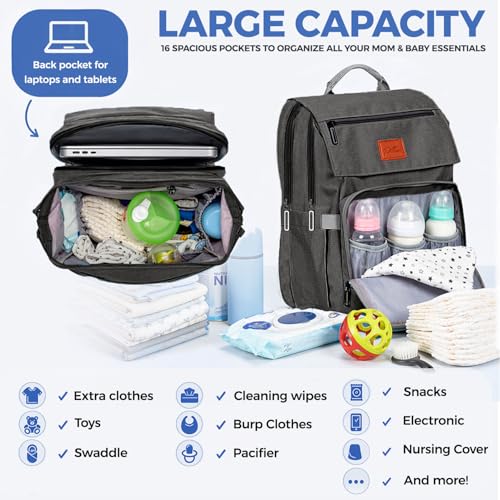 Pillani Baby Diaper Bag Backpack - Baby Bag for Girls & Boys, Large Waterproof Diaper Backpack - Baby Shower Gifts for Boys & Registry Must Haves - Travel Diaper Bags with Changing Pad - Newborn Stuff
