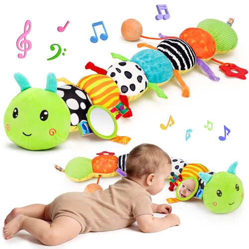 Topsochir Baby Sensory Toys 0-6 Months Music Animal Stuffed Plush Caterpillar Toy for Infant 0-3-6-12 Month Old Tummy Time with Mirror Crinkle Rattle Toys for Newborn Boys Girls Shower Birthday Gifts
