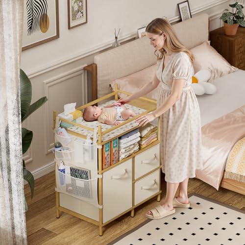 Amazer Baby Changing Table, Bamboo Baby Dresser Table with Flat Top, Diaper Changing Station with 3 Removable Storage Drawers, Large Storage Nursery Organizer Shelves with Pad, Mesh Pocket