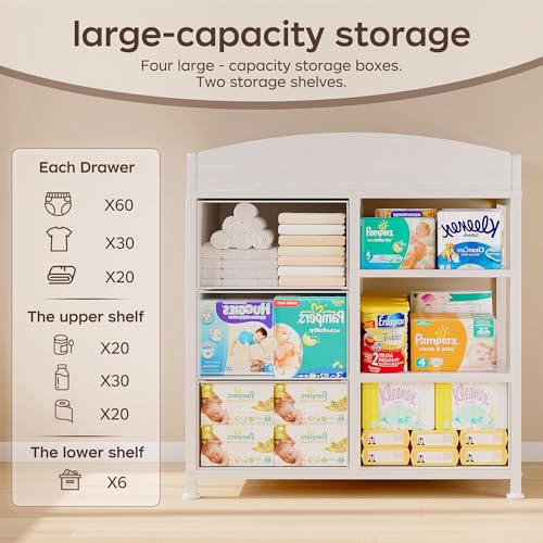Homeiju Baby Changing Table with 4 Drawers and 2 Shelves - Baby Dresser with Changing Table Top Diaper Changing Station with Storage for Nursery Modern, White