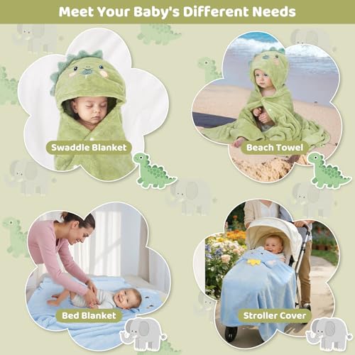 6 PCS Toddler Towels Set for Boy Girl 0-5 Year, 2 PCS Absorbent Hooded Baby Bath Towels Large 55" x 27.5" & 4 PCS Washcloths, Ultra Soft Toddler Newborn Bath Essentials Gifts, Dinosaur & Elephant