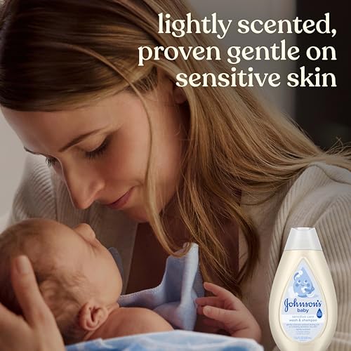 Johnson's Sensitive Care Baby Wash & Shampoo, Daily Moisturizing 2-in-1 Baby Wash & Shampoo to Gently Cleanse Without Drying Out Sensitive Skin, Light Scent, Hypoallergenic, 13.6 fl. oz