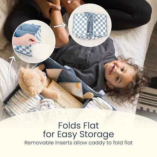 Tiny Twinkle Diaper Caddy Organizer | Foldable Baby Storage Basket with Removable Divider | Waterproof & Mess-Proof Fabric, Portable Nursery Organizer for Newborn Essentials (Blue Checkers)
