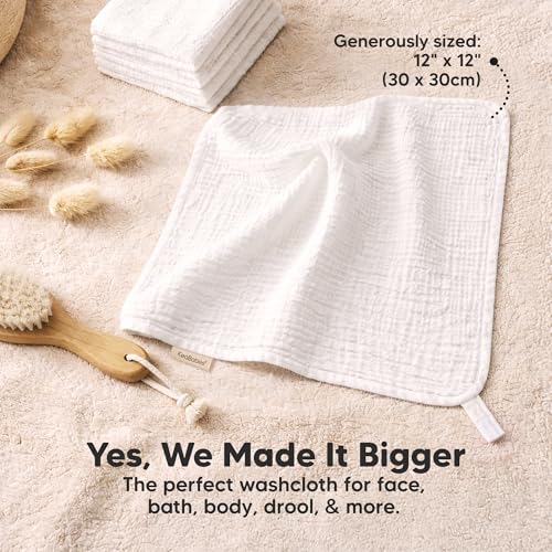 5-Pack Muslin Baby Washcloths for Newborn – 12x12" Soft Absorbent Organic Cotton Muslin Wash Cloths for Babies Girl, Boy, Infant, Toddlers, Kids Face Towel, Bath Essentials,Baby Burp Rags (Soft White)