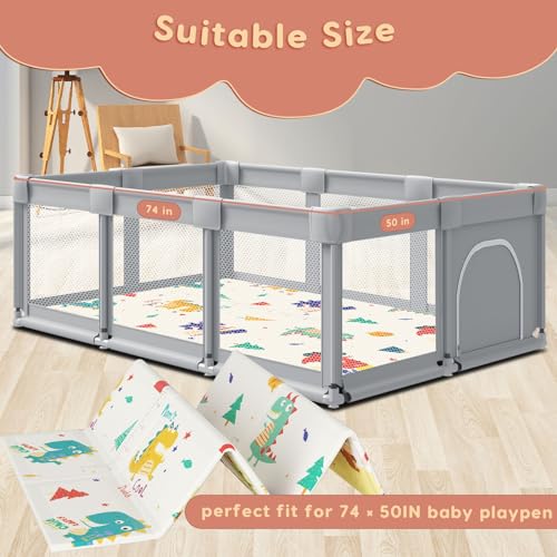 Fshibila 74" × 50“ Baby Play Mat for Floor, Baby Playmat for Playpen, Thick Ultra Soft Playpen Mat for Playing or Crawling, Provides Cushioning, Double-Sided Pattern (0.4" Thick)