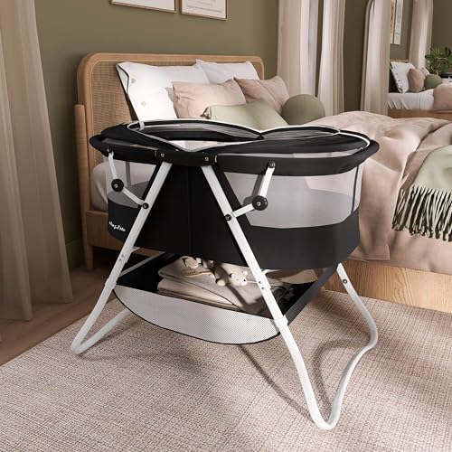 Dream On Me Karley Bassinet, Award Winner Lightweight Travel Baby Bassinet, Foldable Bedside Sleeper, Adjustable Double Canopy, Spacious Design, Soft Fabric, Storage Basket – Black