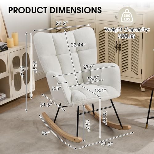 Wryxplor Nursery Rocking Chair, Teddy Upholstered Glider Chair with Thick Cushion, Tufted Gliding Rocker Chair with Wood Leg, Cozy Rocking Armchair, Accent Rocking Chair for Living Room (Ivory)