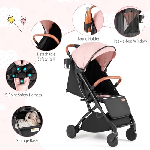 BABY JOY Lightweight Stroller, Compact Travel Stroller with One-Hand Fold, Adjustable Backrest, Canopy, Cup Holder, Footmuff & Storage Basket for Toddlers (Pink)