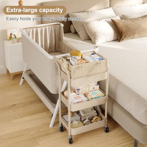 Baby Diaper Caddy Organizer Cart with Detachable Dividers, 3 Tier Metal Bedside Storage Rolling Cart with Wheels for Nursery, Postpartum Cart and Organizers for Newborn Essentials & Supplies (Oatmeal)