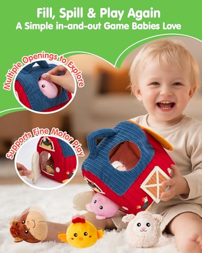 hahaland Baby Toys 6-12 Months - Surprise Barn Stuffed Farm Animals, Rattle, Crinkle, Mirror, Montessori Toys for 6 Month Old Sensory Balls 1-3, Baby Boy Gifts, Farm Plush Toys for Babies Travel Toy