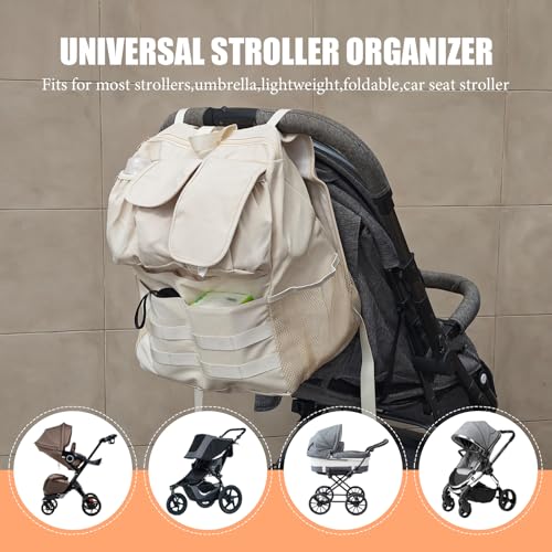 JIYIFOUHY 2-in-1 Stroller Organizer Baby Diaper Bag Backpack,Insulated Bottle Holder,Wipes and Phone Pocket,Shoulder Strap Toddler Travel Essential Storage Universal Stroller Accessory (Beige)