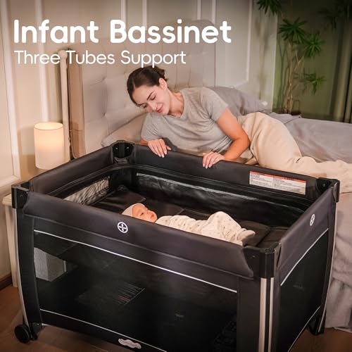Pamo Babe 4 in 1 Baby Playards with Bassinet & Changing Table, Portable Crib Breathable Mesh and Toy Mobile