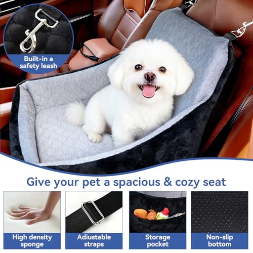 Dog Car Seat for Small/Medium Dogs Under 30lbs, Double-Sided Cooling & Warm Booster Seat, Detachable & Washable Elevated Pet Bed with Pockets, Anti-Slip Base for Front & Back Seats with Safety Leash