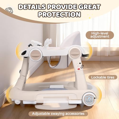 Baby Walker, 4-in-1 Baby Walker with Wheels Portable, Foldable Infant Toddler Walker for Boys Girls 6-18 Month (Beige)