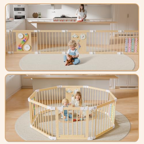 YZNVCG Baby Playpen - Adjustable Multi-Shape Wooden Play Yard, Portable Collapsible Activity Center with Baby ence Play Area & Tovs for Infants, Toddlers (57x85x24inch)
