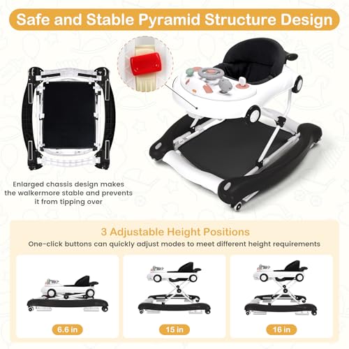 Baby Walker, 5-in-1 Baby Walker for Boys and Girls with Bouncer, Removable Footrest, Music, Foldable & Adjustable Speed Wheels Activity Walker for 6-18 Months Toddler Infant(Black)