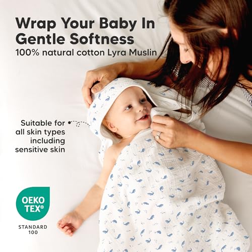 KeaBabies Muslin Baby Bath Towels with Hood for Girl Boy (Whale Bay, 35x35)
