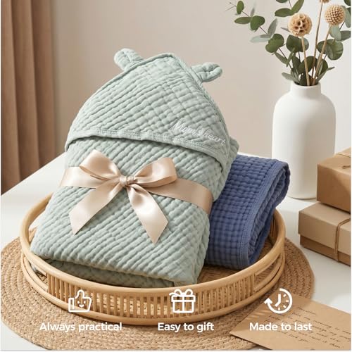 Momcozy Baby Towels, 6-Layer 100% Cotton Muslin Hooded Baby Towel Set for Newborn, Infant & Toddler, Soft Absorbent Baby Bath Essentials, Large 32 x 32 Inch