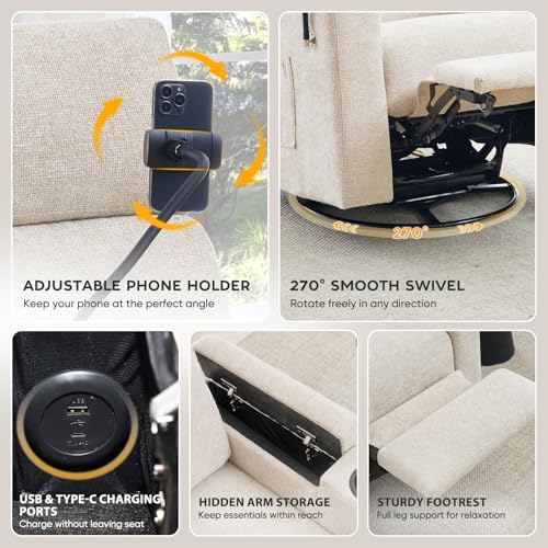ABCASA Power Recliner Rocking Chair Nursery Glider, Swivel Reclining Nursery Rockers for Baby Room & Living Room, Chenille Chair with Phone Holder, USB/Type-C Ports, Arm Storage, Light Brown