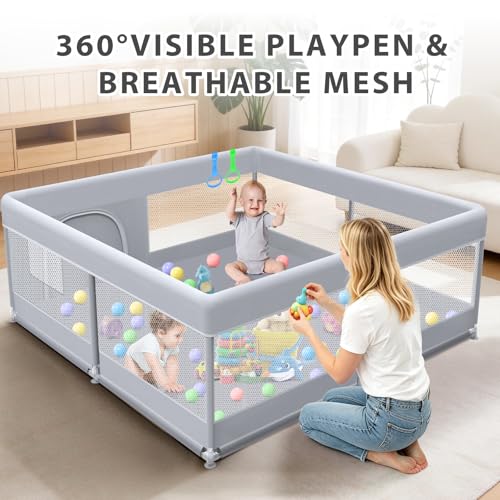 XVISHX Baby Playpen 50 x 50 Inch Play Pen Playards, Playpen for Babies and Toddlers, Baby Playard for Indoor & Outdoor Active Center Game Fence, with Skin-Friendly Fabric and Soft Breathable Mesh Grey