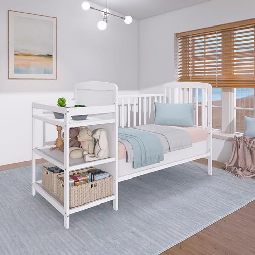 Dream On Me Anna 3-in-1 Convertible Full-Size Baby Crib & Changer with Storage in White, GreenGuard Gold & BSA, Pinewood, Converts to Day & Toddler Bed, 3 Mattress Heights, 1″ Changing Pad