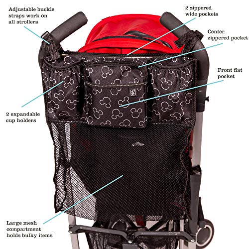 J.L. Childress Disney Baby Cups 'N Cargo Stroller Caddy Organizer with Cup Holder - Stroller Accessories Bag, Travel Essential, Mesh Storage Attachment, Universal Fit - Mickey Mouse, Black