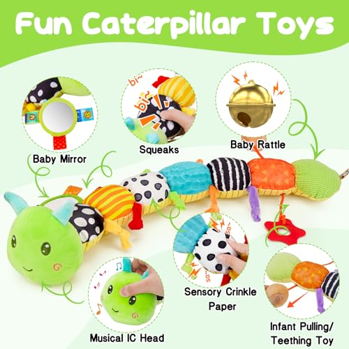 Topsochir Baby Sensory Toys 0-6 Months Music Animal Stuffed Plush Caterpillar Toy for Infant 0-3-6-12 Month Old Tummy Time with Mirror Crinkle Rattle Toys for Newborn Boys Girls Shower Birthday Gifts