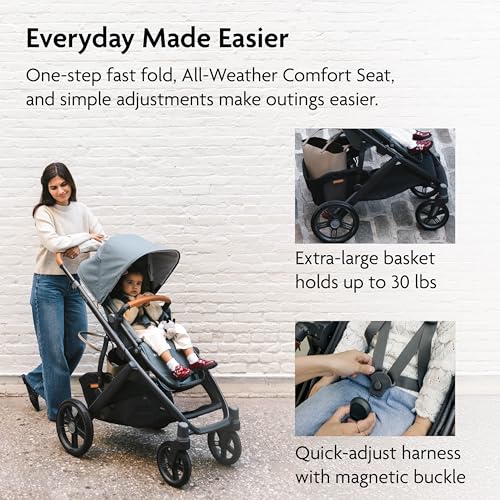 UPPAbaby Vista V3 Stroller - Full-Size Single-to-Double Stroller System - Toddler Seat, Bug Shield, Rain Shield, and Storage Bag Included - Callum (Stone Blue/Silver Frame/Sand Leather)