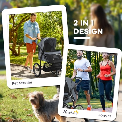 PawHut 3 Wheels Pet Stroller, Foldable Dog Stroller with Adjustable Canopy, Safety Tether, Cushion, Storage Basket, Portable Jogger for Small and Medium Dogs and Cats, Gray