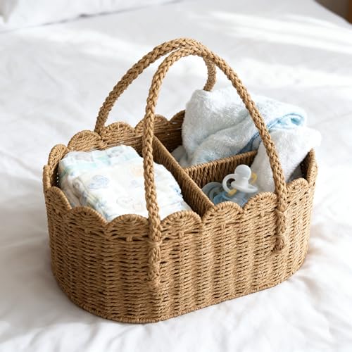 wwmayfeel Diaper Caddy Organizer, Paper Rope Storage Baskets Nursery Bin with Removable Divider, Portable Car Organizer for Diapers, Baby Shower Gifts, Newborn Essentials Must Haves