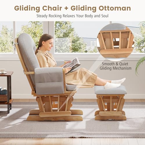 Costzon Nursery Glider with Ottoman, Upholstered Comfort Glider Rocker with Padded Cushion, Storage Pocket, Solid Wood Base, Rocking Chair Nursery for Breastfeeding, Napping (Natural)