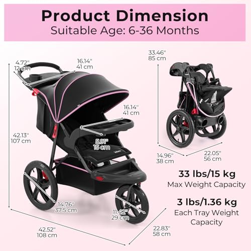 INFANS Jogging Stroller, Foldable Jogger with Air-Filled Tires Shock Absorbing Suspension Adjustable Backrest, Baby Running Strollers