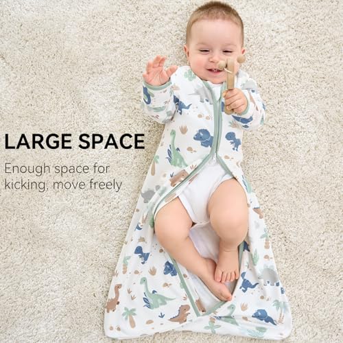 FIEMOL Baby Sleep Sack 6-12 Months, Long Sleeve Baby Wearable Blanket 0.5 Tog with Mittens, 2-Way Zipper Infant Cotton Sleeping Sack for Boy and Girl Green Dinosaur 2 Pack (Medium)