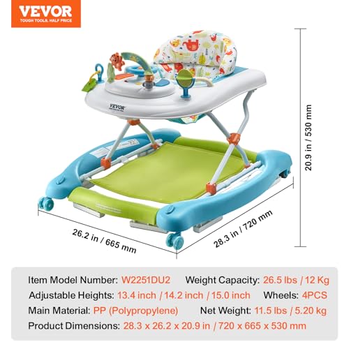 VEVOR 4-in-1 Baby Walker, Folding Baby Activity Center with Wheels, 3 Adjustable Height, Music & Toys Tray, Learning-Seated | Walk-Behind | Rocker | Bouncer Toddler Walker for Girls Boys 6-24 Months
