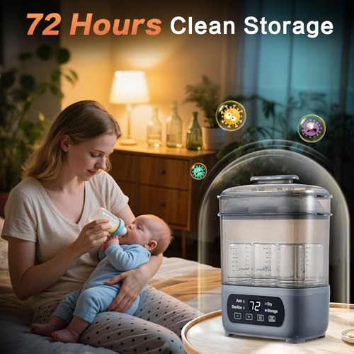 AMZBABYCHEF 4-in-1 Baby Bottle Steamer and Dryer, Electric Steamer with Fast Drying, Universal Fit for All Bottles, LED Touch Screen & Auto Shut-Off Protection (Grey)