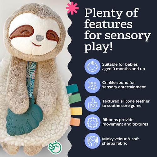 Itzy Ritzy - Itzy Lovey Including Teether - Baby Lovey with Teether, Textured Ribbons & Dangle Arms - Features Crinkle Sound, Sherpa Fabric and Minky Plush (Sloth)