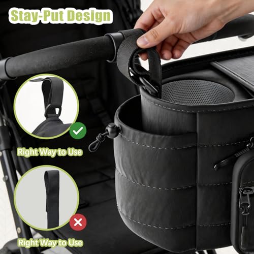 Seeseven Stroller Caddy with Cup Holder & Detachable Phone Bag, Black
